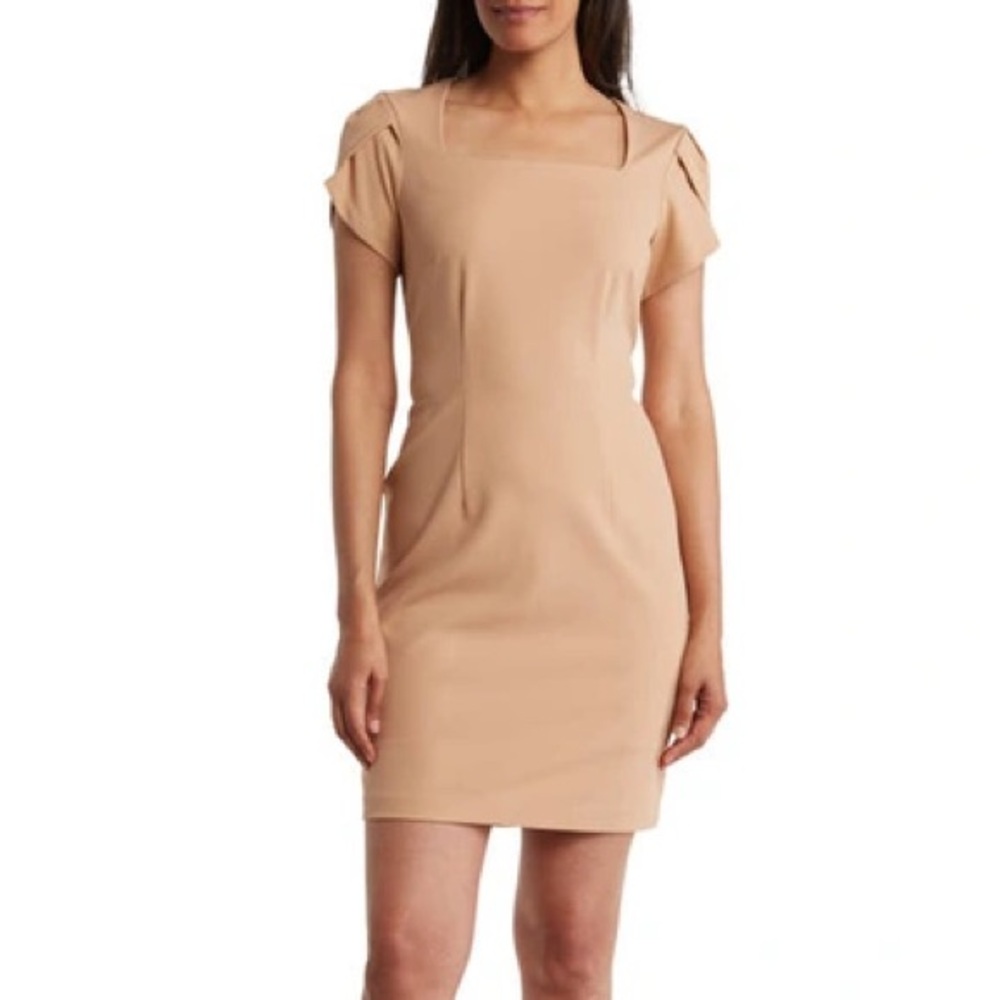 Connected Apparel Square Neck Short Sleeve Zipper Back Bodycon Solid Stretch
